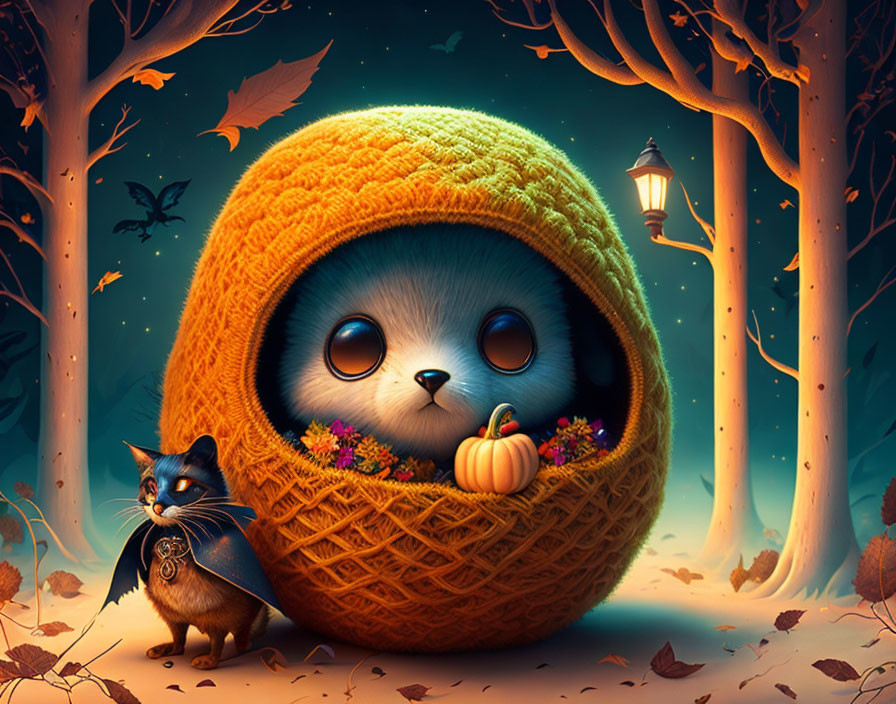 Cute big-eyed creature in knitted pumpkin with cat in cape, autumn scene