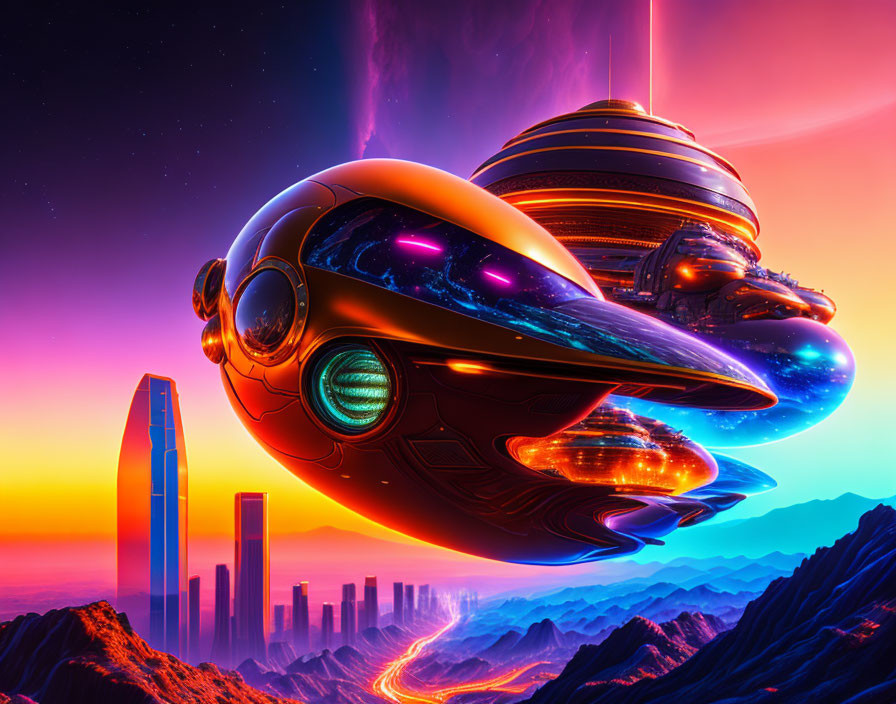 Futuristic cityscape at sunset with neon lights and hovering spaceship in vibrant alien landscape
