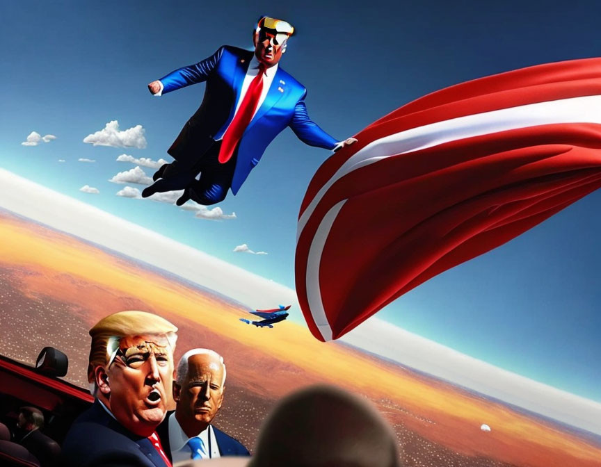 Man in superhero outfit resembling caricature of public figure flying with cape