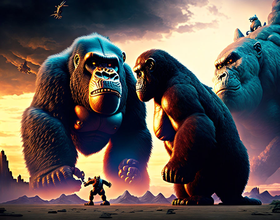 Three gigantic gorillas dominate landscape with tiny human figure under dramatic sunset sky.