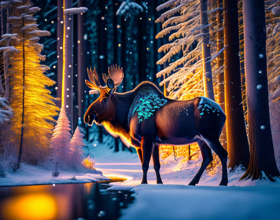 Majestic moose with glowing antlers in tranquil forest creek at dusk