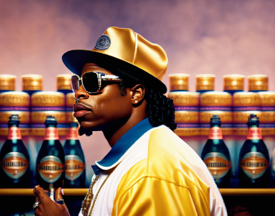Person in Sunglasses and Yellow Cap with Rows of Bottles Background