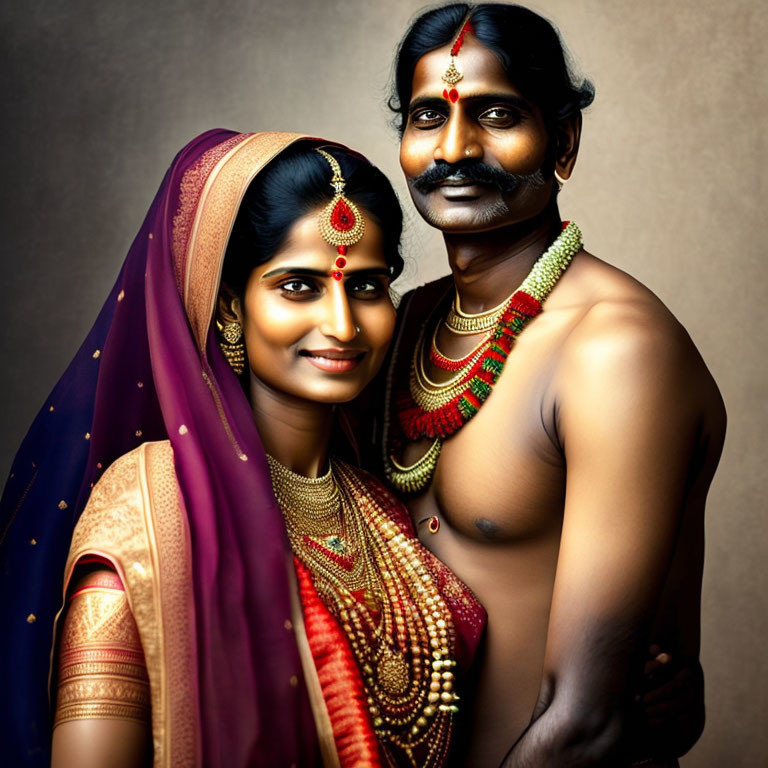 Traditional Indian Attire: Woman in Embroidered Saree, Man in Dhoti &
