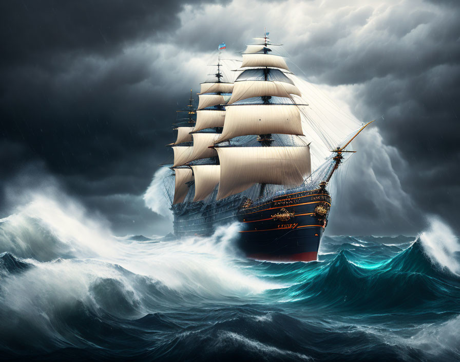 Tall ship sailing through stormy seas with fully deployed sails