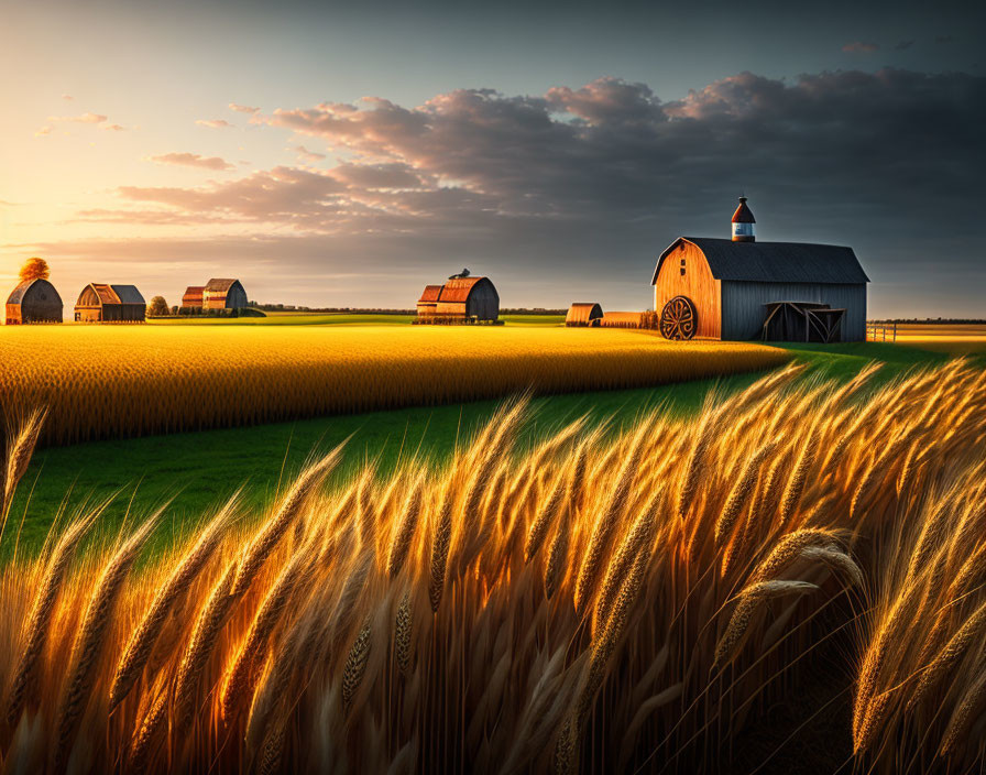 Rural farm scene at sunset with wheat fields and barns under golden light