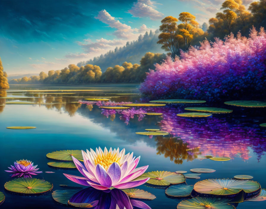 Tranquil lake scene with lotus flowers and colorful trees at dusk or dawn