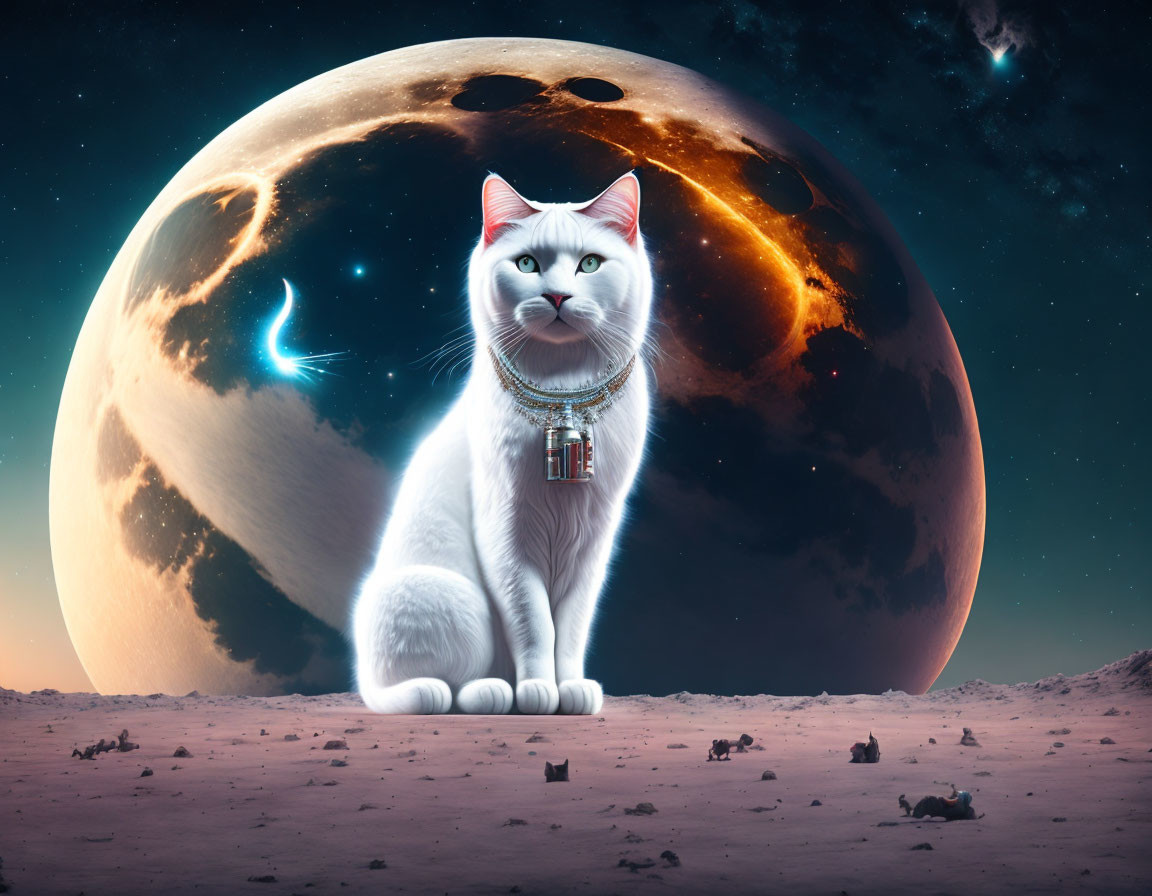 White Cat with Futuristic Collar on Alien Landscape with Giant Moon
