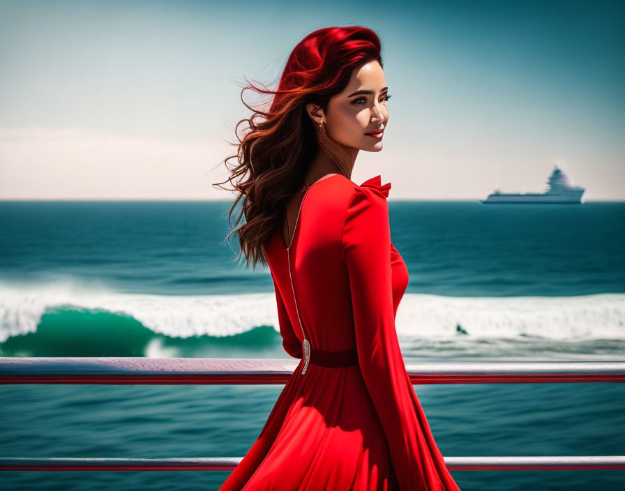 Woman in red dress by the sea with ship on horizon.