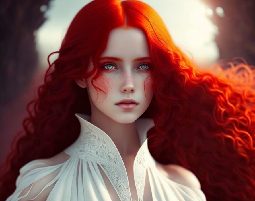 Vibrant red-haired woman with blue eyes in digital art