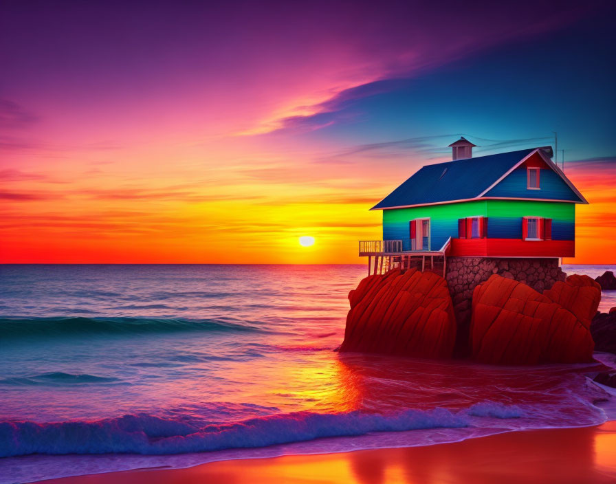 Colorful sunset over sea with house by rocks