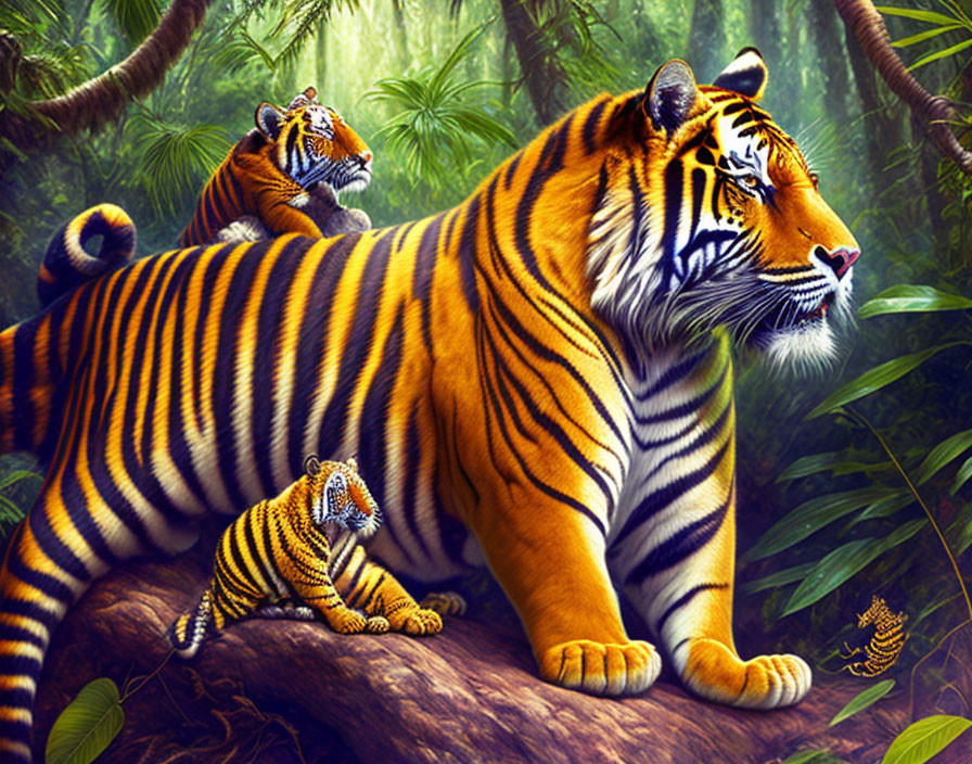 Bengal tiger and cubs in lush greenery