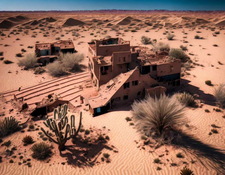 Desert buildings among sand dunes with cactus under hazy sky