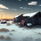 Snowy landscape with abandoned wooden structures, truck, telephone poles, and sunset sky.