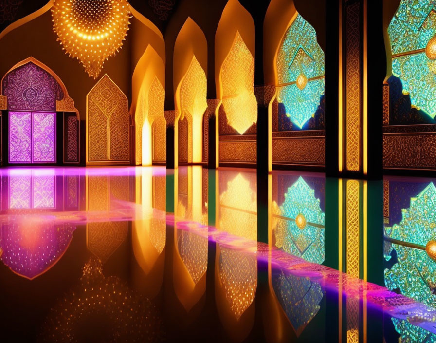 Colorful Islamic patterned arches reflecting on glossy floor with warm golden and cool violet lights