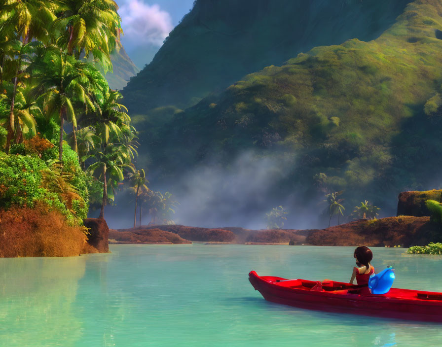 Red canoe on tranquil river amidst lush greenery and misty mountains