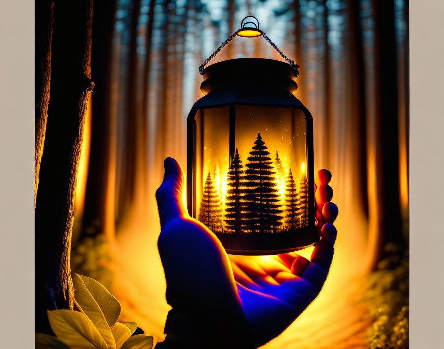 Lantern with Forest Silhouette Design Illuminated at Twilight