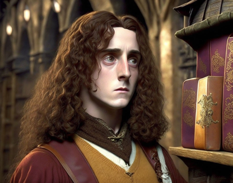 Male character with curly hair in medieval costume beside stacked books