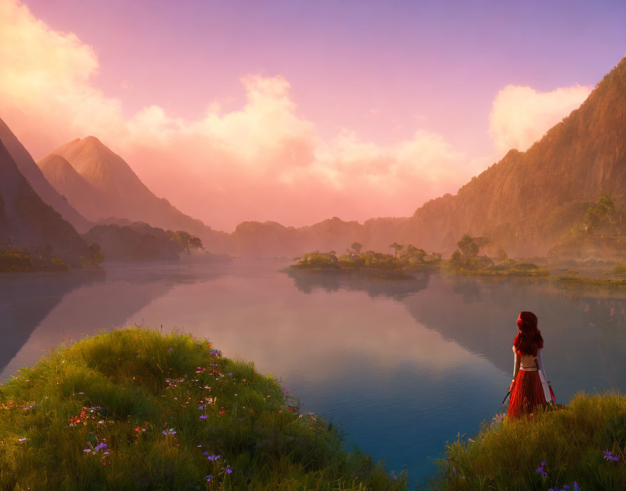 Person in Red Dress by Tranquil Lake at Sunrise with Misty Mountains