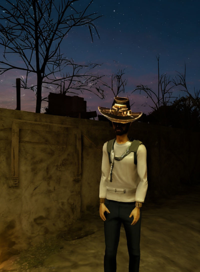 Character in White Shirt and Cowboy Hat Against Starry Night Sky