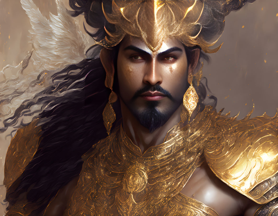 Regal man with golden winged helmet and armor