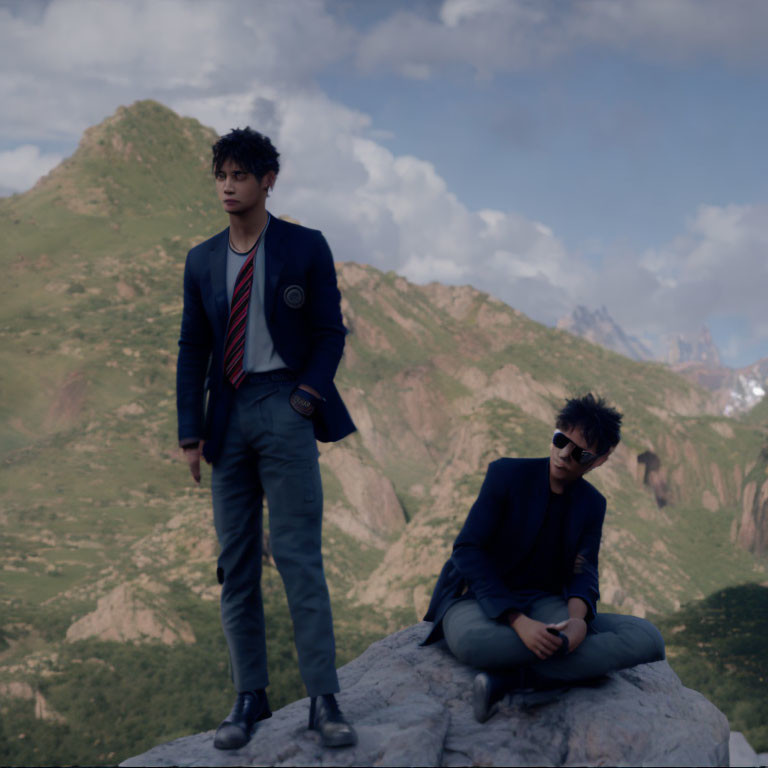 Stylish Young Men Posing on Rock with Mountain Backdrop