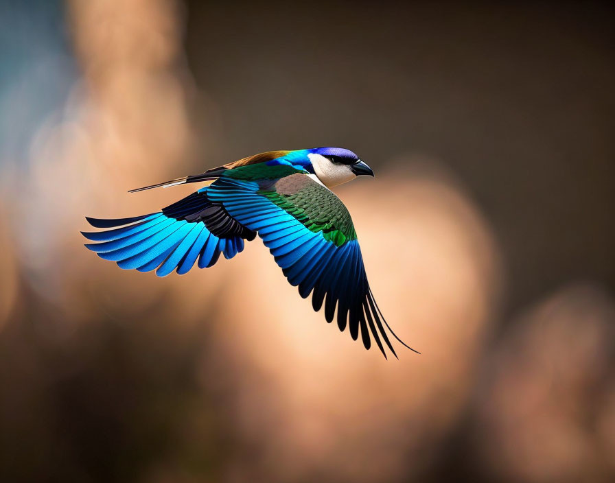 Vibrant blue-winged bird in mid-flight on soft background
