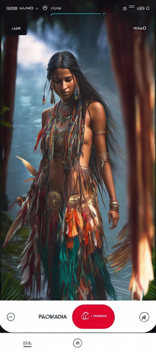 Digital artwork: Woman in tribal attire with beads and feathers in forest setting