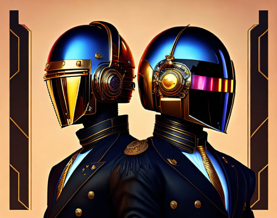Ornate robot helmets and military-style jackets on two individuals