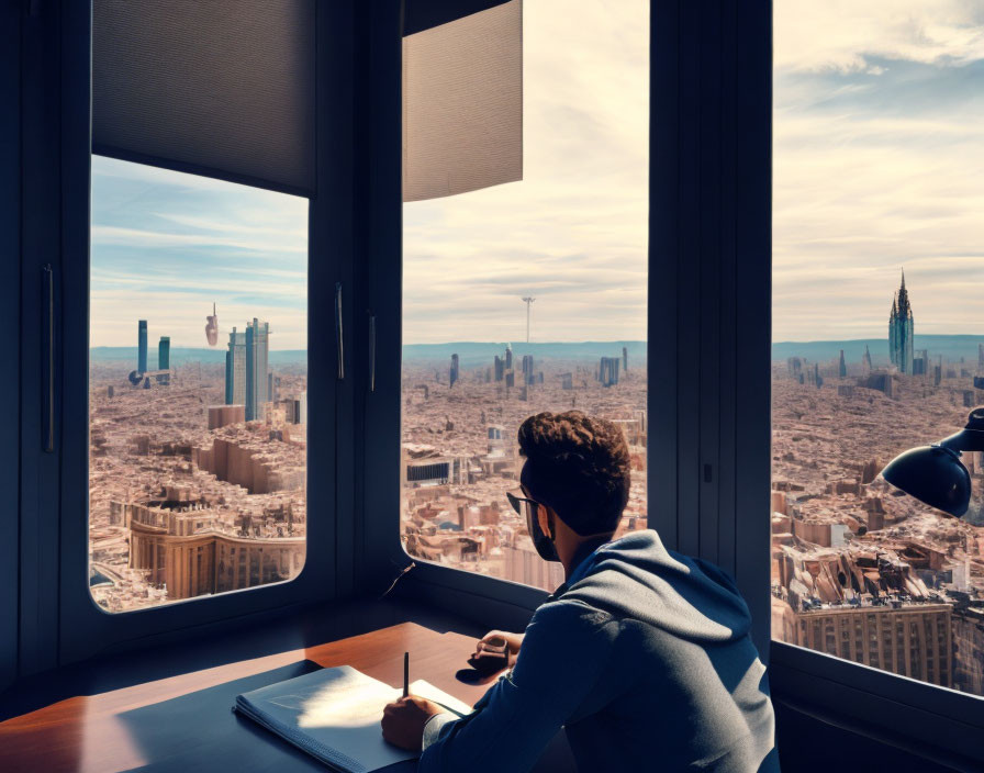 Person Writing in Notebook with Cityscape View from Desk