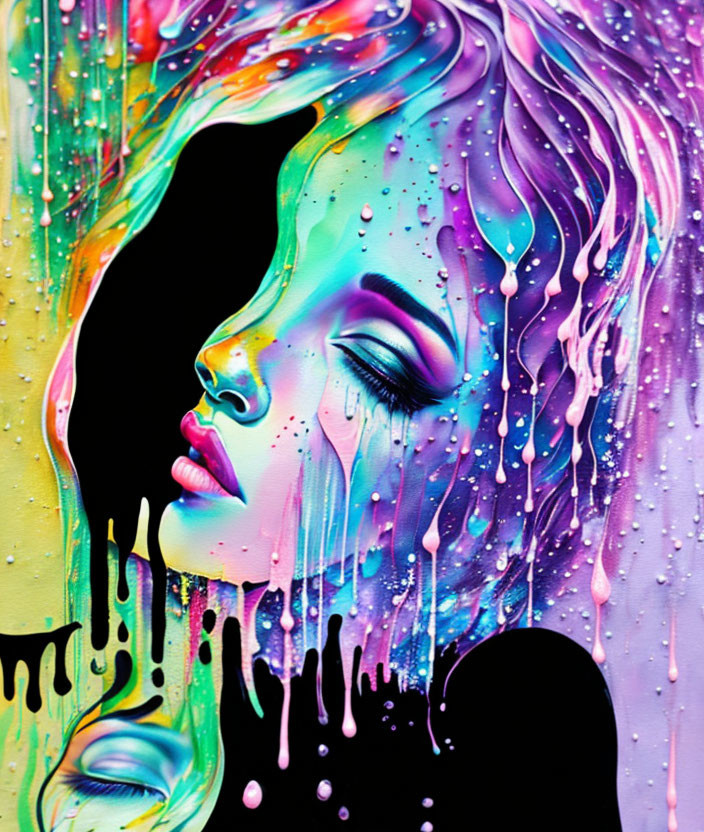 Colorful abstract artwork of a woman's profile with neon paint splashes.