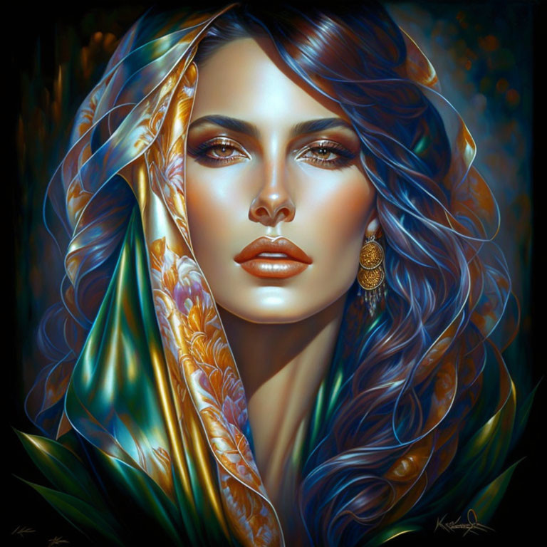 Detailed digital portrait of a woman with flowing hair, patterned shawl, and intricate earring on