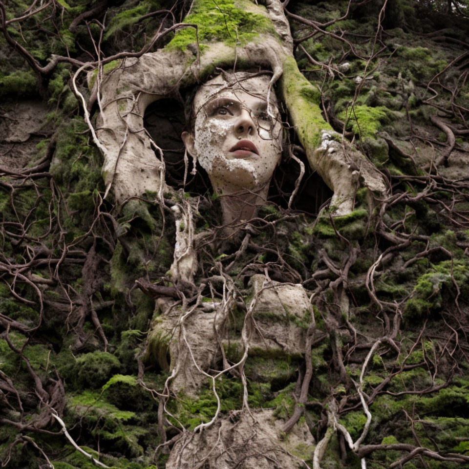 Human-like face in tree roots and moss: surreal earthy composition