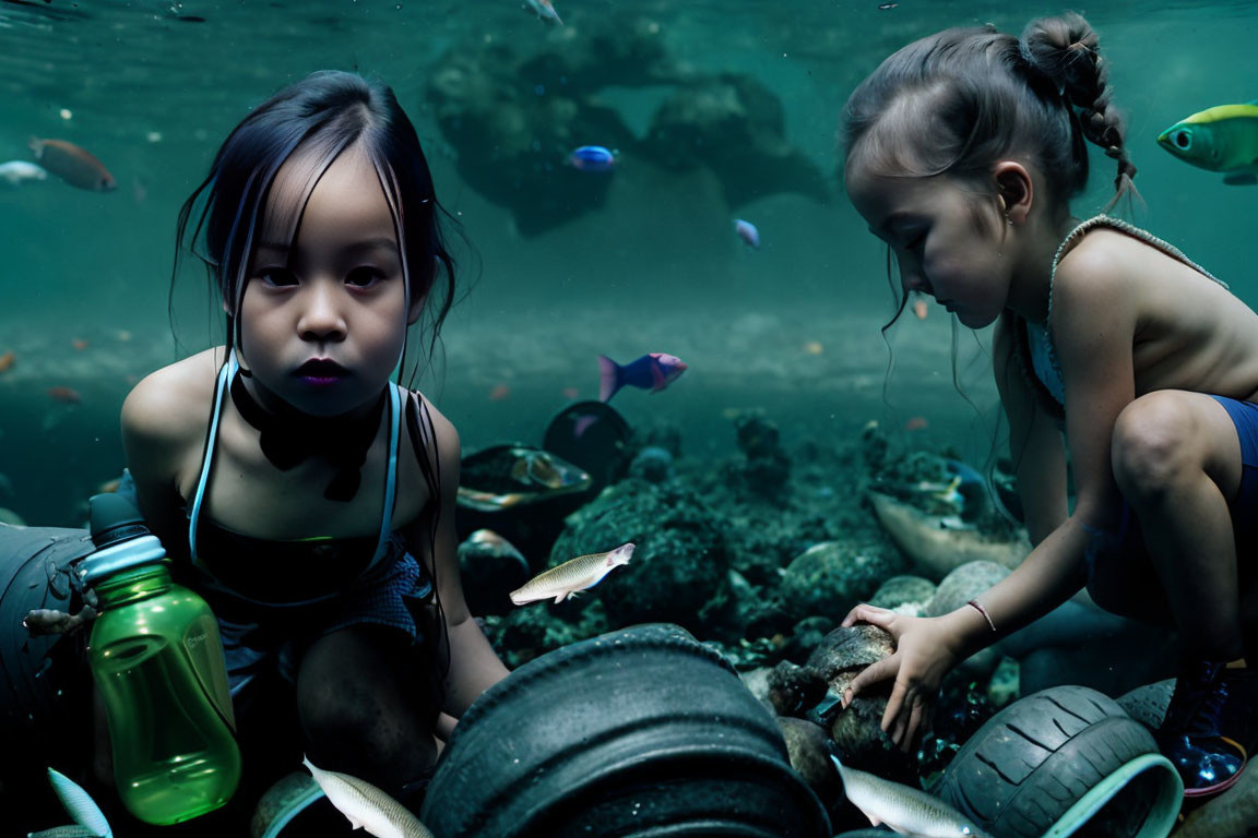 Underwater image of two girls with fish and debris, highlighting environmental impact