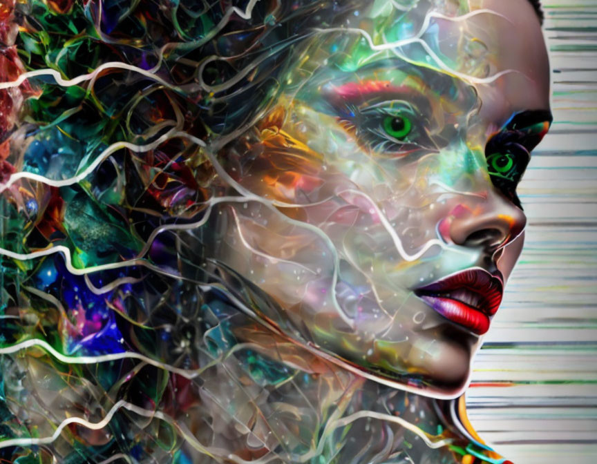 Vibrant abstract digital artwork of woman's face with cosmic patterns