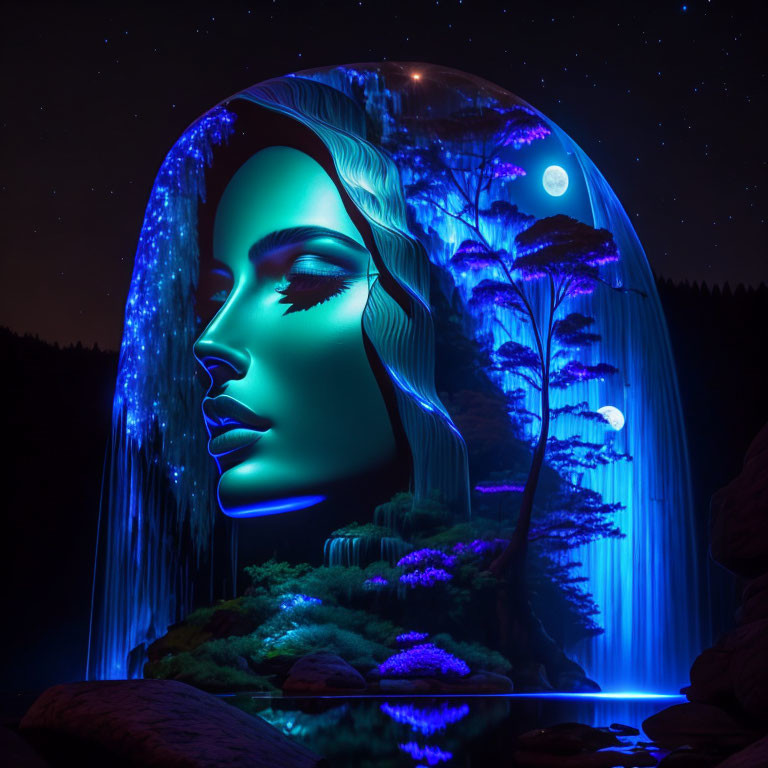 Woman waterfall at night