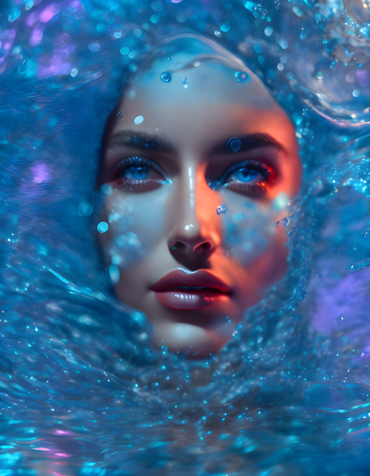 Face of a Woman Emerging from Swirling Blue Water