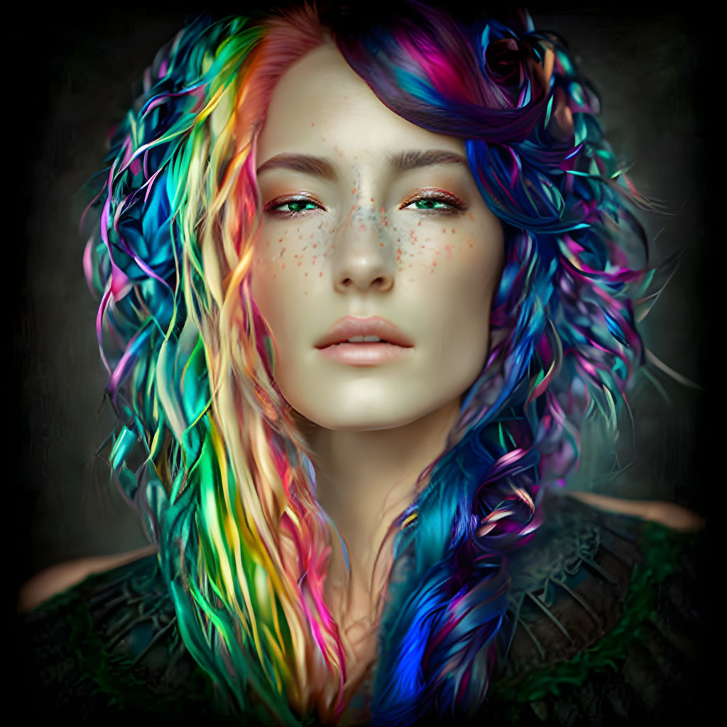 Portrait of person with rainbow-colored curly hair and freckles on dark background