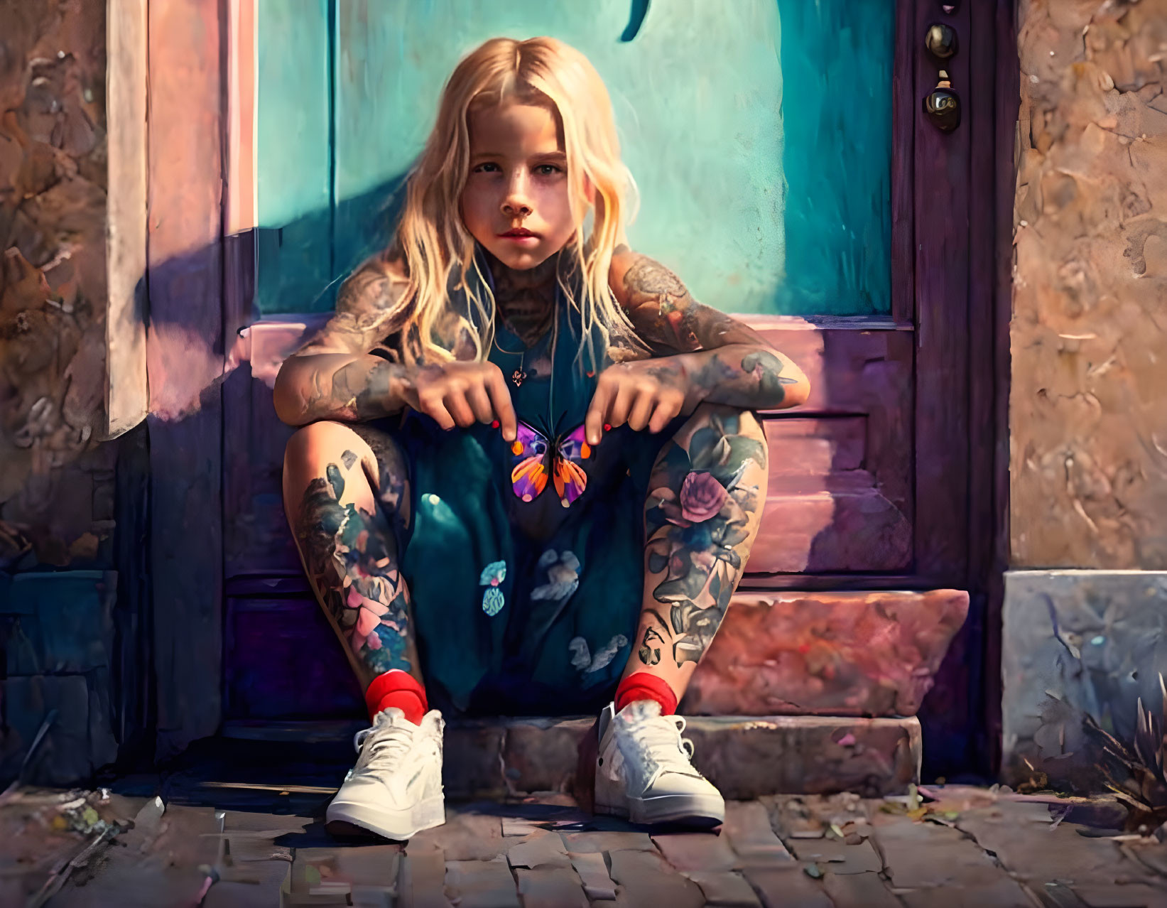 Tattoos girl holding a butterfly 