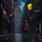 Child in Red Jacket on Wet Street with Yellow Balloon and Lightning