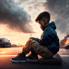 Young boy on skateboard lighting sparkler at sunset on road with cars