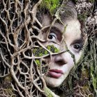 Surreal portrait of woman's face with branches and roots intertwined