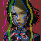 Vibrant digital artwork: young girl with expressive eyes and Superman logo in neon colors
