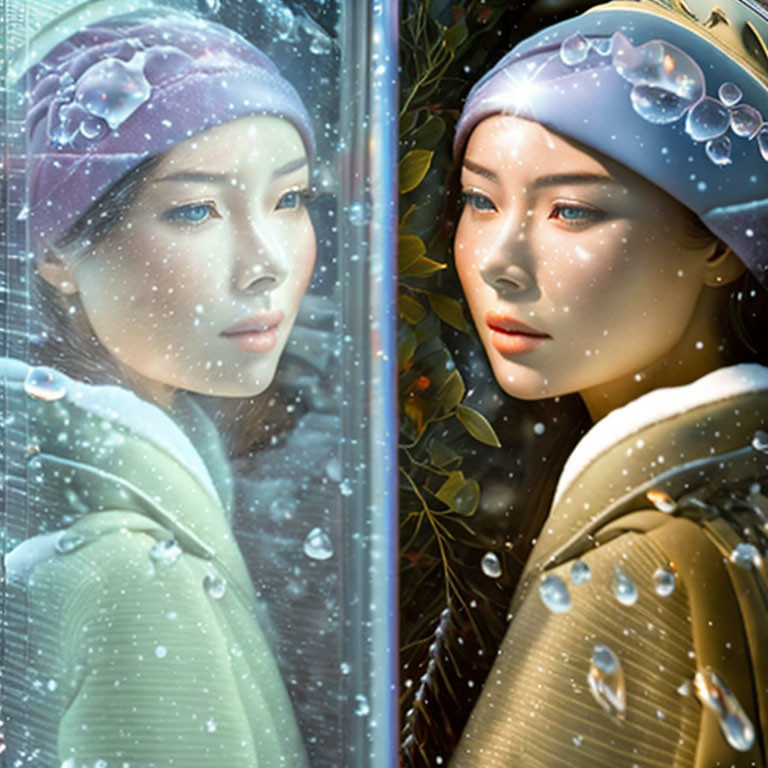 Two women in green and yellow gaze through water-droplet-covered glass pane