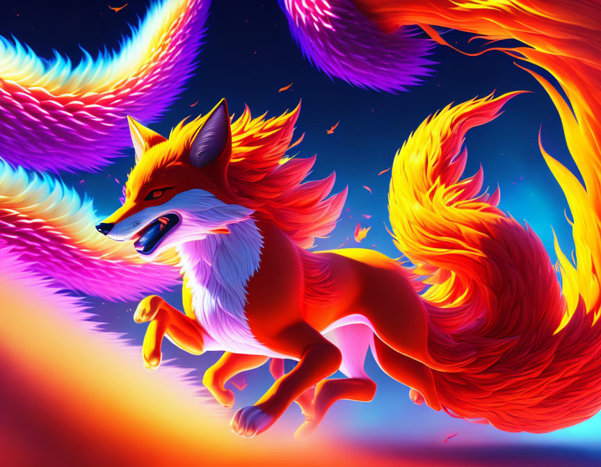 Colorful Mythical Fire Fox Illustration on Blue and Purple Background