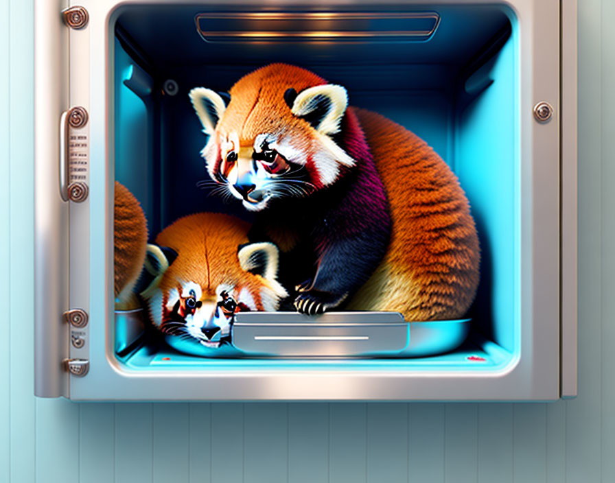Whimsical red pandas in futuristic metal container