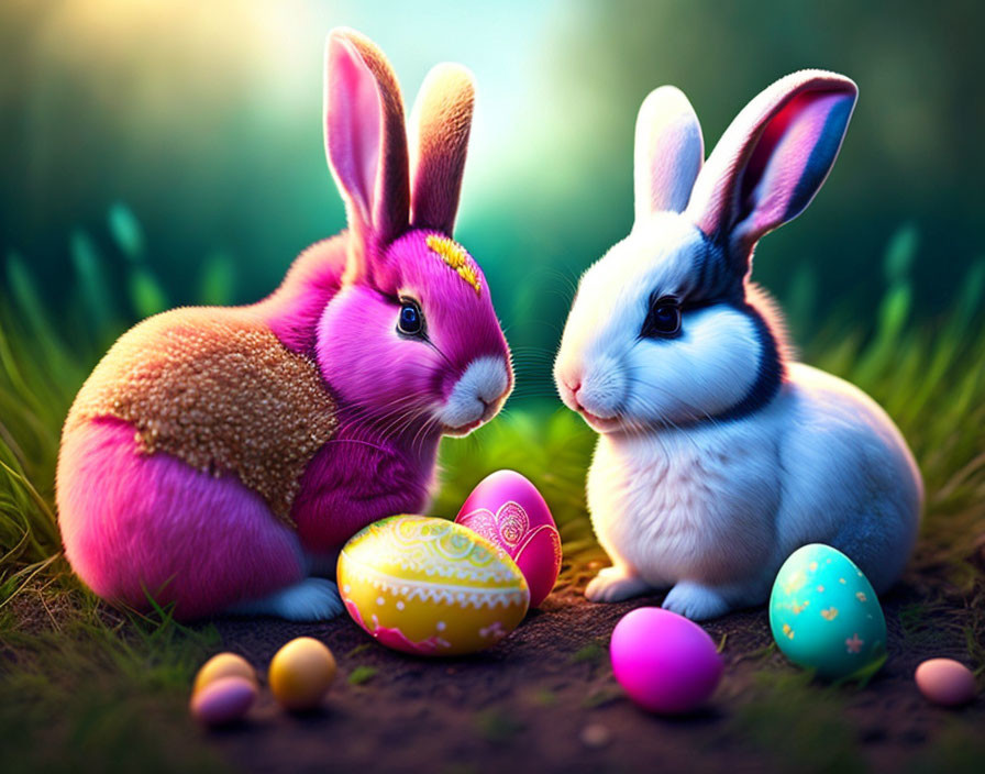 Vibrantly colored rabbits with Easter eggs in magical forest