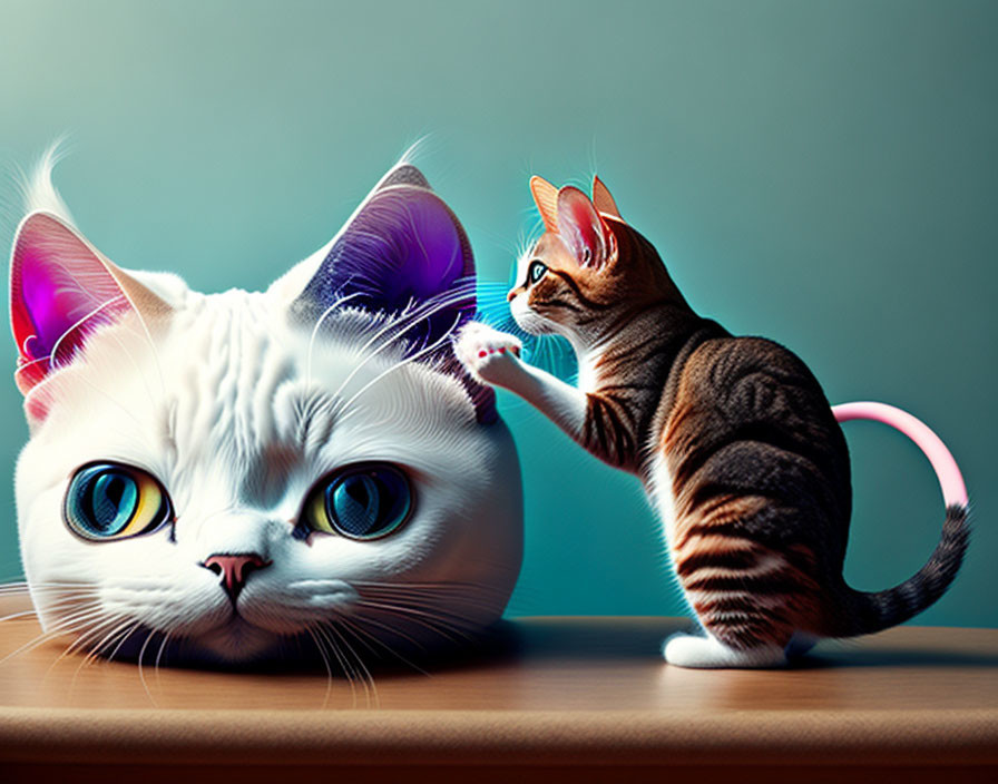Brown-striped kitten interacts with stylized white cat with colorful features