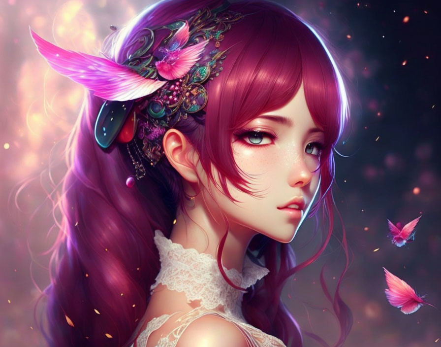 Illustrated female character with deep purple hair and winged hairpiece in ethereal setting.