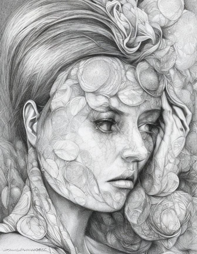 Portrait of a Woman with Floral Patterns in Pencil Drawing