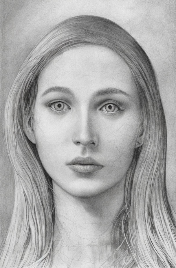 Detailed pencil portrait of a woman with long hair and striking eyes